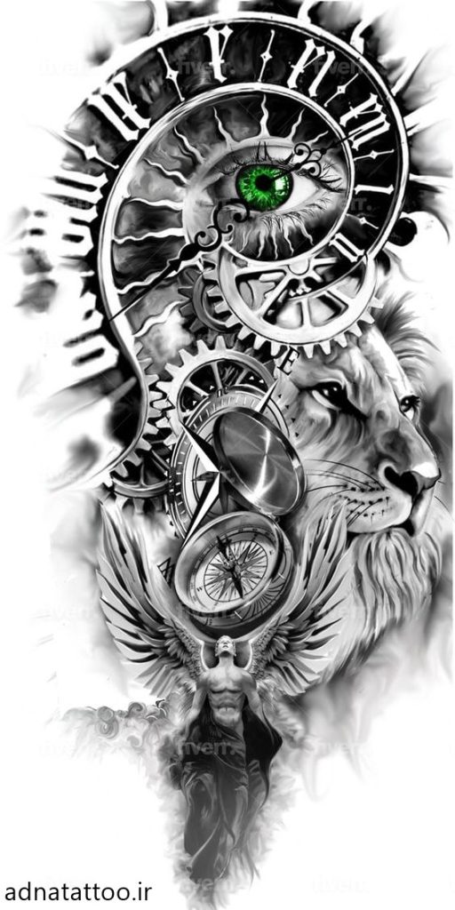 lion compass clock full hand tattoo